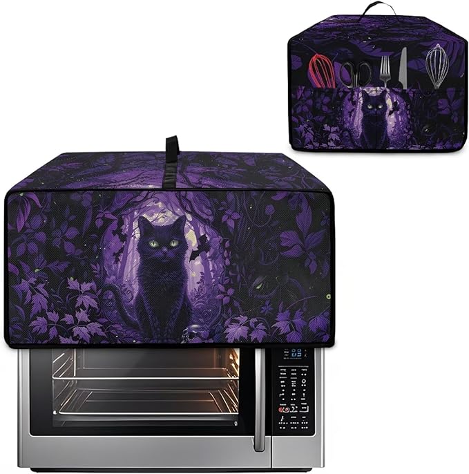 Countertop Convection Oven Cover Decorative and Protective Air Fryer Toaster Oven Dust Cover for Home Kitchen Indoor Decor, S, Black Cat Skull Bat Violet Forest Halloween