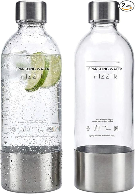 FIZZIT 1L Carbonating Bottles 2 Pack – Compatible with SodaStream,Terra Art, Aarke & Philips Soda Maker – BPA Free Reusable Sparkling Water Bottle – Replacement with Stainless Steel base & cap