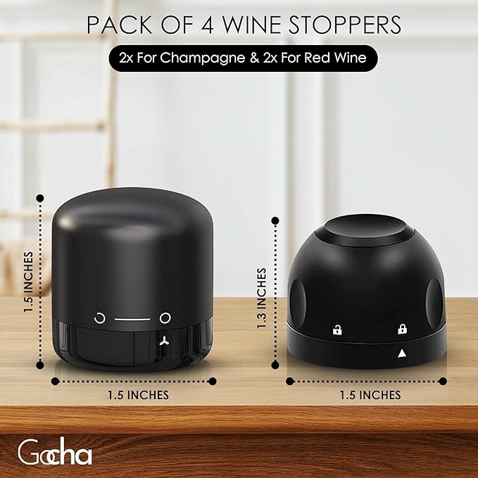 GOCHA | Vacuum Wine & Champagne Preserver Set | Built-in Vacuum Seal Technology | 1.5 inch Silicone Twist Top | Reusable, Leak Proof Cork | (Pack of 4, 2 Wine + 2 Champagne)