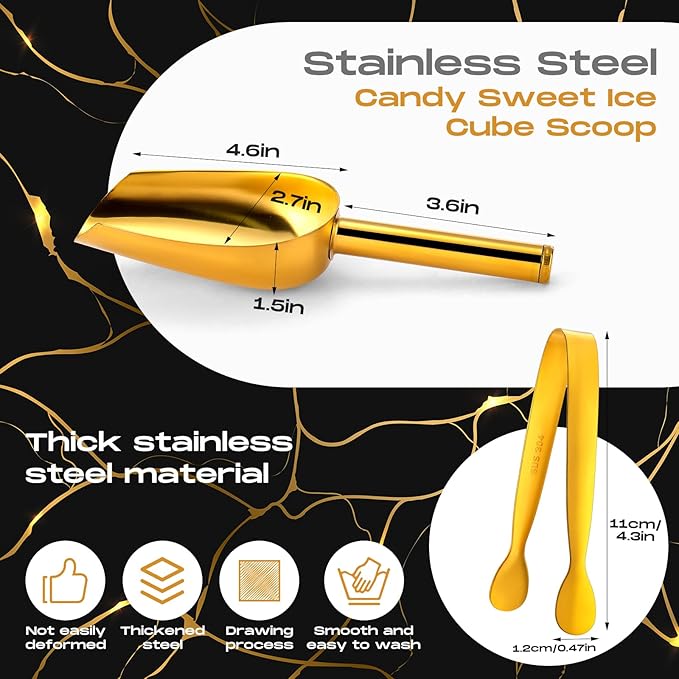12 Pcs Gold Stainless Steel Ice Scoop and Mini Tongs Ice Shovel Scoop Kitchen Cube Buffet for Kitchen Dispenser Buffet Jars,Scooping Coffee Bean,Desserts Party