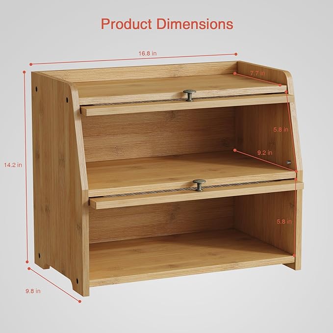 Goozii Large Bread Box for Kitchen Countertop, Double Layer Breadbox for Homemade Loaf Bread, Farmhouse Bread Storage Container Bin for Kitchen Counter Pantry Cupboard (Natural Bamboo)