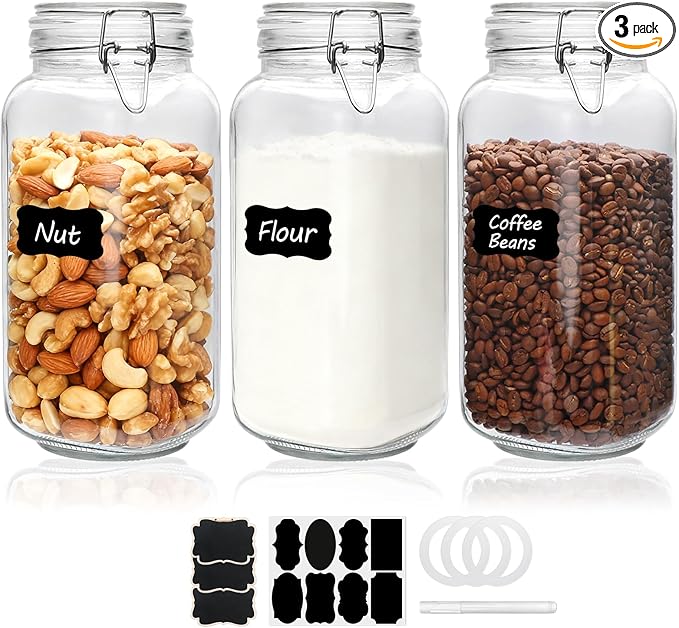 78oz Glass Storage Jars with Airtight Lids Set of 3, Pantry Storage Containers with Lids, Square Large Airtight Glass Jars, Perfect for Kitchen Canning Cereal, Pasta, Flour, Coffee Beans