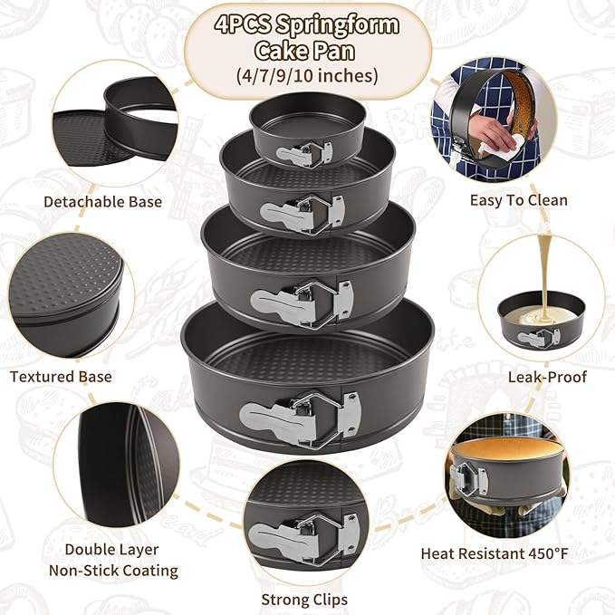 4, 7, 9, 10 Inches Springform Cake Pan Set, Spring Form Pans for Cheesecake, Nonstick Round Baking Pan Set with Silicone Protector, Parchment Paper, Icing Scrapers
