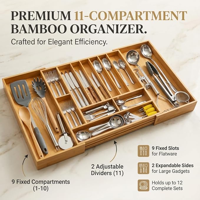 Expandable Kitchen Organizer – Adjustable 33” Wide Utensil Kitchen Drawer with 11 Compartments, Natural Solid Bamboo Construction for Flatware