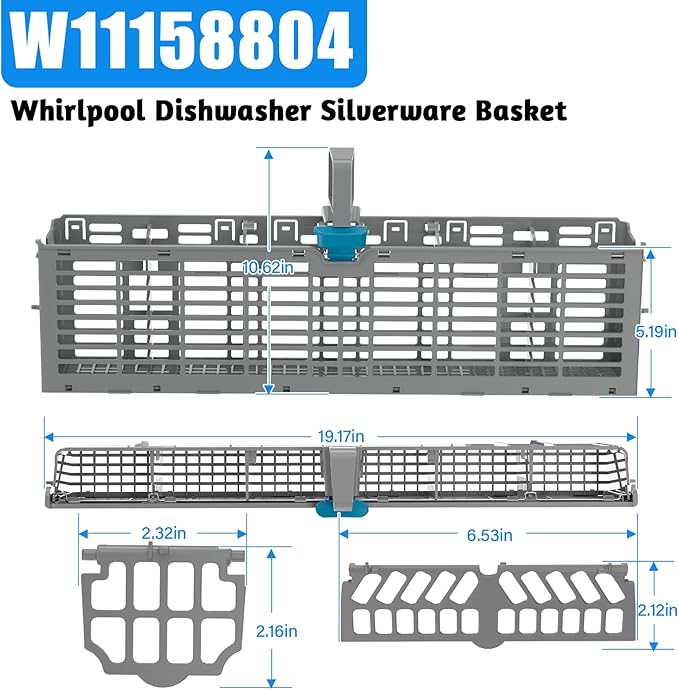 [2 PACK] UPGRADED W11158804 Dishwasher Silverware Basket Compatible with Whirlpool Dishwasher Utensil Basket Silverware Holder for Dishwasher Parts Cutlery Basket Caddy W10629540 WP8562061 W10350340