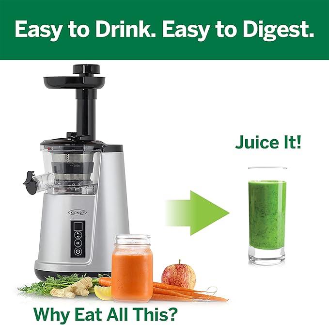Omega Juicer Cold Press 365 Vertical 65 RPM Slow Masticating Compact Extractor for Fruits and Vegetables with 3 Stage Auger & BPA-Free Container, 150-Watts, Silver