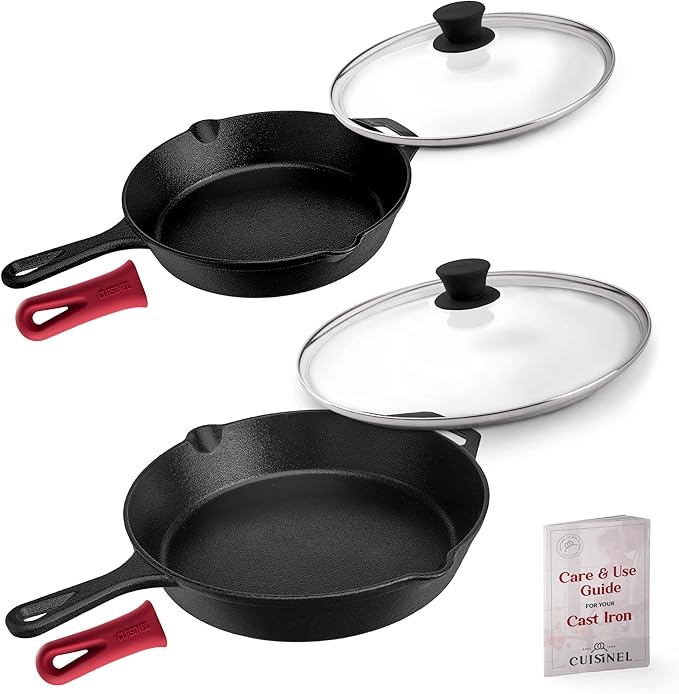 Cast Iron Skillet Set - 10" + 12"-Inch Pre-Seasoned Frying Pans + Glass Lids + Silicone Handle Cover Grips - Indoor/Outdoor Use - Grill, Oven, Stovetop, Induction, BBQ, Firepit Safe Kitchen Cookware