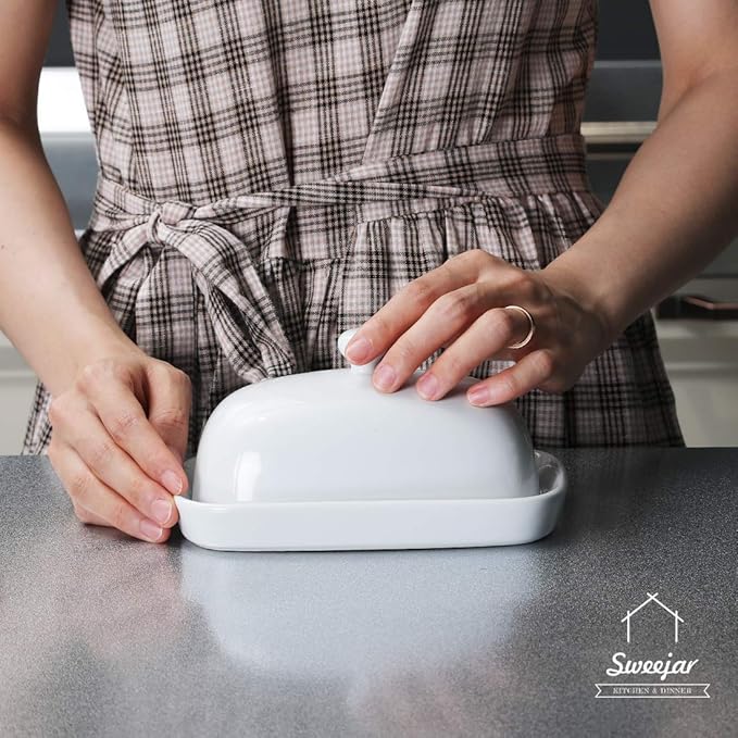 Sweejar Ceramic Butter Dish with Lid for Countertop,Porcelain Butter Keeper with Knob Handle,Butter Container for East/West Coast Butter and Porcelain Teapot with Removable Stainless Steel Infuser