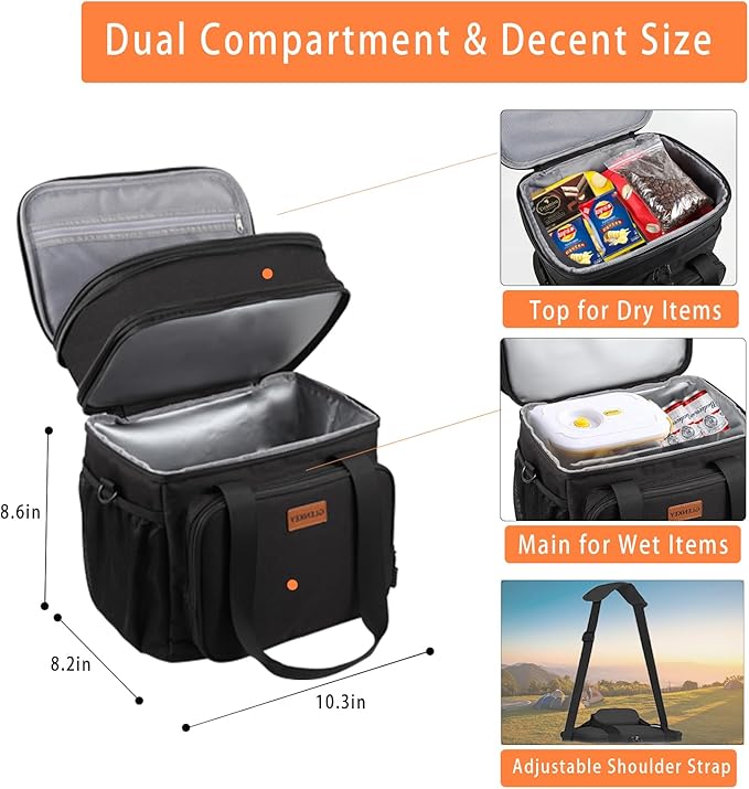 GLENKEY Expandable Insulated Large Lunch Box, Double Deck Heavy Duty Durable Lunch Bag Leakproof Cooler Bags for Men Women Adults Work Shift Flight Beach Daytrip, 20 Can, Black