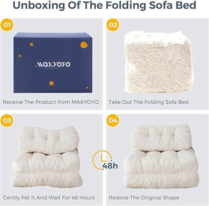 MAXYOYO Folding Sofa Bed, Convertible Sleeper Chair with Pillow Foldable Mattress with Back Support, Portable Fold Out Chair Bed Comfy Floor Sofa Lounge for Living Room Bedroom, Beige, Single