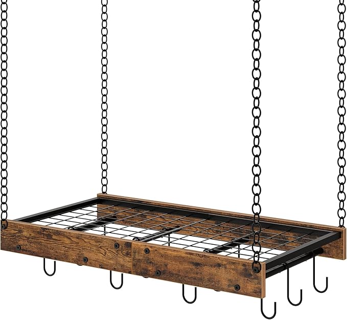 CHOEZON Hanging Pot Rack, Vintage Pot Hangers for Kitchen, Ceiling Mounted Pot Rack, Pot and Pan Hanging Rack with 12 S-Shaped Hooks, for Cookware Storage, Rustic Brown and Black TPR01BF