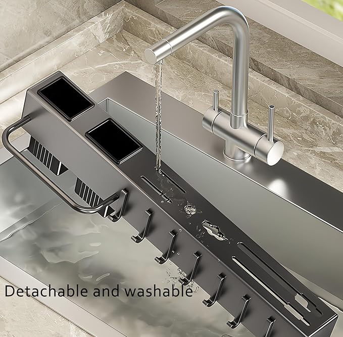 SEIDO Carbon Steel Utensil Rack – Space-Saving 16" L Kitchen Organizer with hooks & hanging bar, Gunmetal Gray Knife Holder, 2 Installation Options (Adhesive/Screwed)