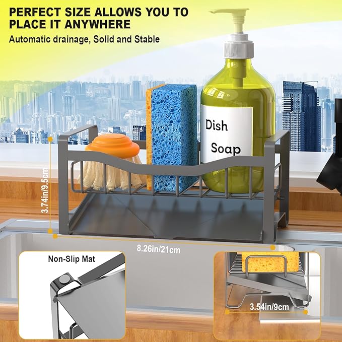 Maifan Stainless Steel Kitchen Sink Caddy Organizer with Auto Drain Tray, Sponge Holder for Countertop Storage Dark Gray