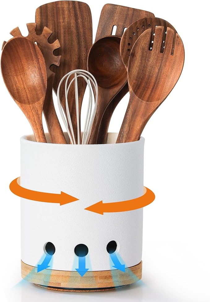 LoeJan 360° Rotating Ceramic Utensil Holder for Kitchen Countertop – Cooking Utensil Crock Organizer with Non-Slip Cork Base for Farmhouse Kitchen Decor, Textured White