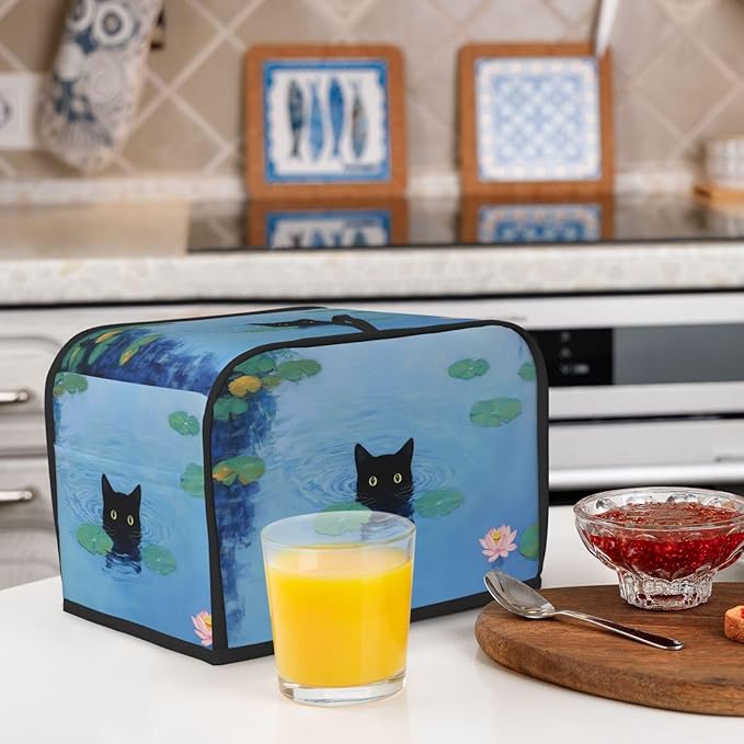 Black Cat Swimming Toaster Cover 2 Slice, Cute Country Bread Machine Cover, Washable, Stain Resistant, with Top Handle
