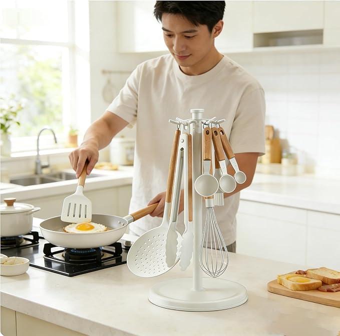Kitchen Utensil Hanger Stainless Steel Utensil holder Rotatable Cooking Utensils Holder with 8 Hooks, Hanging Spoon Spatula Holder , White (Without Kitchen Utensils)