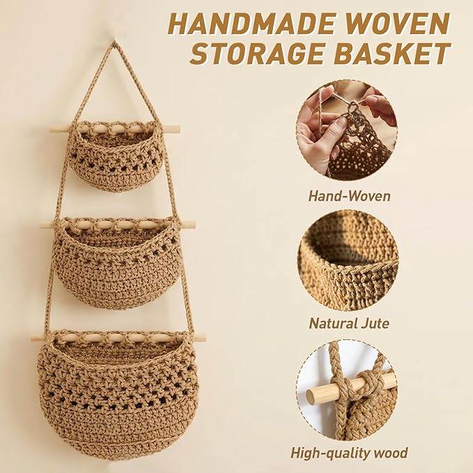 Hanging Fruit Basket, 3 Tier Cotton Woven Wall Basket, Detachable Wall Hanging Baskets for Kitchen Bathroom Storage, Plants Holder, Vegetable Onion Organizing, Boho Decor Aesthetic