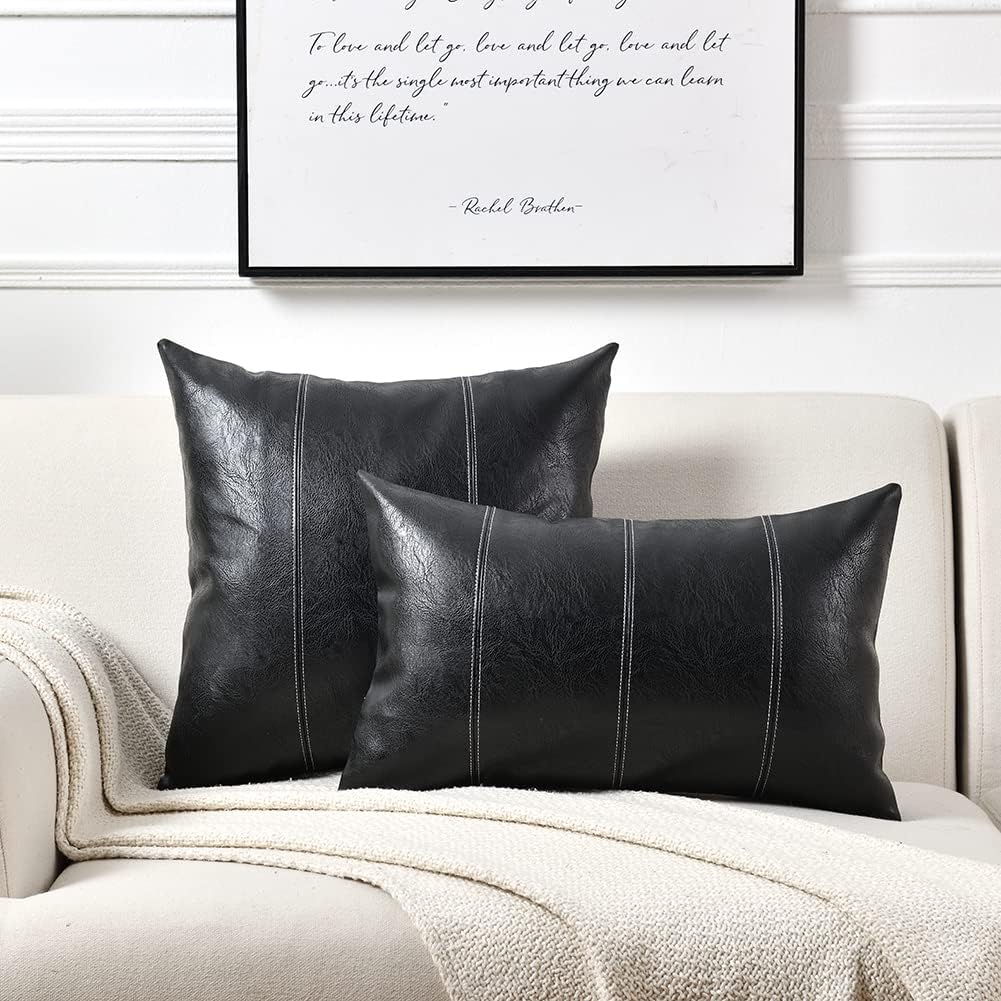 Fancy Homi Black Boho Faux Leather Decorative Throw Pillow Covers 18x18 Inch for Living Room Couch Bed Sofa, Rustic Modern Farmhouse Home Decor, Hand Stitched Square Cushion Case 45x45 cm