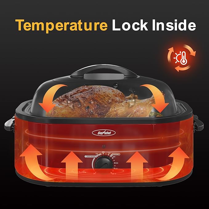 Royalcraft Roaster Oven with Self-Basting Lid, 18qt Electric Roaster with Removable Pan & Rack, Turkey Roaster Oven with Defrost & Warm Function, Stainless Steel, Red