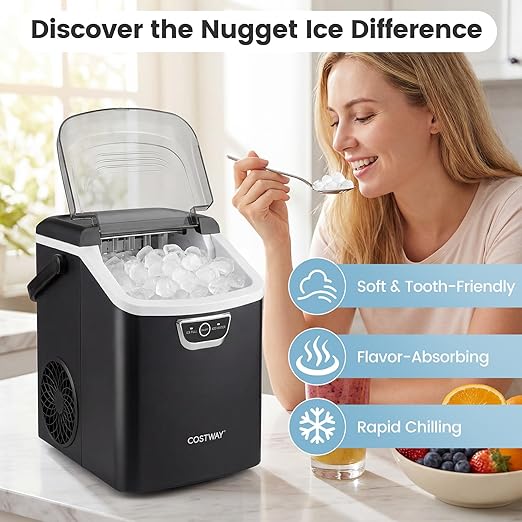 COSTWAY Nugget Ice Maker Countertop with Handle, 33 Lbs/24H Soft Chewable Ice, Ready in 6 Mins, Auto-Cleaning, Audible Ice Full Alarm, Portable Sonic Ice Machine for Home Kitchen Office, Black