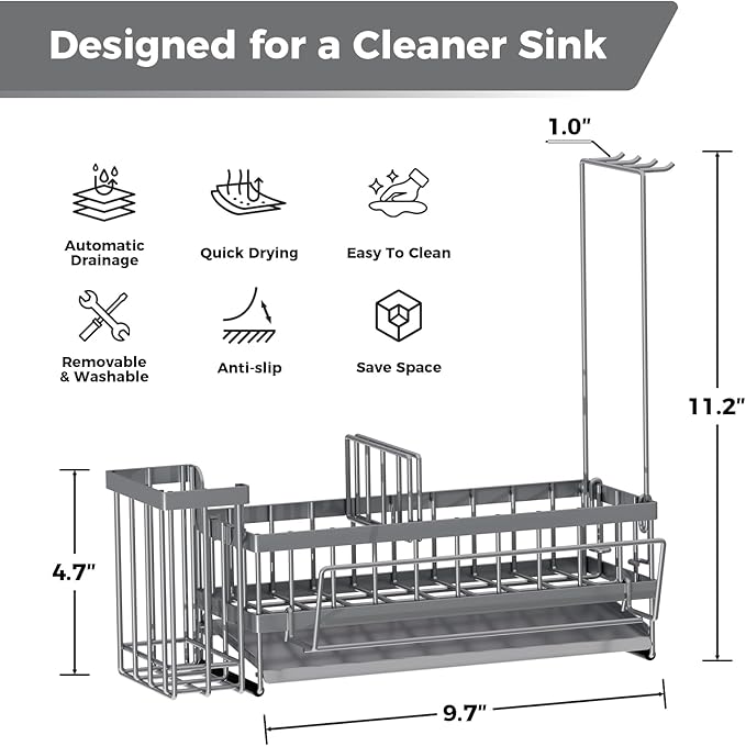 Sponge Holder for Kitchen Sink – Rustproof Stainless Steel with Detachable Drainboard, Brush Rack & Towel Bar | Compact, Non-Slip Design for Countertop Bathroom
