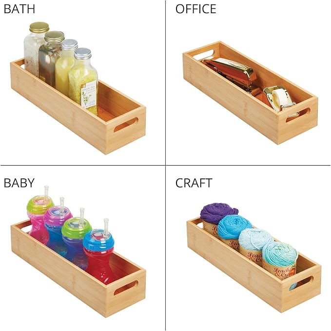 mDesign Set of 2 Kitchen Storage Box – Open-Top Bamboo Storage Tray with Handles – Ideal for Use as a Cupboard Organiser or on The Shelf – Natural