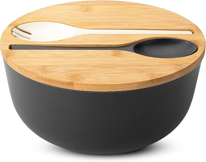 BAMBOO LAND- Large Salad Bowl with Wooden Lid, 10 Inch/108 Oz, Black, Bamboo Fiber Salad Bowl with Serving Utensils, Wide Applications
