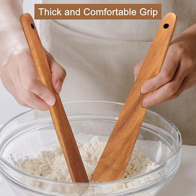 2 Pcs Teak Wood Spatula Set Non Toxic Cooking Utensils Spurtle Kitchen Tools Turner Bamboo Wooden Spatulas for Cooking Spoon Flat Egg Flipper Spatula Kitchen Utensil Set Sourdough Scraper Stirrer