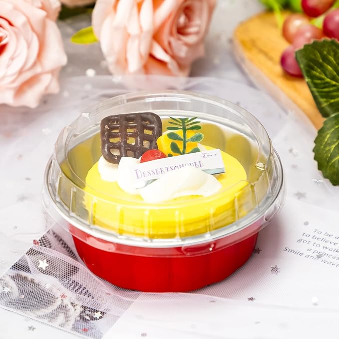 Tessco for you 100 Pcs Disposable Ramekins with Lids 8 oz Creme Brulee Ramekin Aluminum Foil Cup Cupcake Liner Baking Valentines Disposable Muffin Tin Pan Cheesecake Container (Red,Silver)