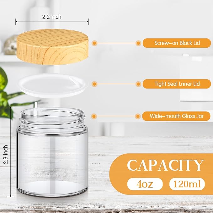 Norme 120 Pcs 4oz Glass Jars with Lids, Empty Glass Containers with Woodgrain Lids & Inner Liners, Reusable for Storing Creams Lotions Cosmetic Powder Ointments