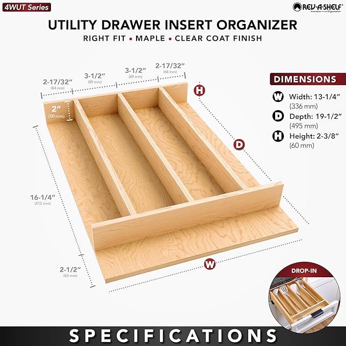 Rev-A-Shelf Natural Maple Right Size Utensil Insert Home Storage Kitchen Organizer 5 Compartment Drawer Accessory, 13-1/4" x 19-1/2", 4WUT-18SH-1