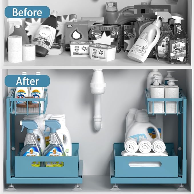 Saydear Under Sink Organizer Storage 2-Tier Premium Metal Pull-Out Kitchen Cabinet Organizer with Sliding Drawer, Height Adjustable, Heavy Duty for Kitchen & Bathroom Organizers 2 Pack Teal