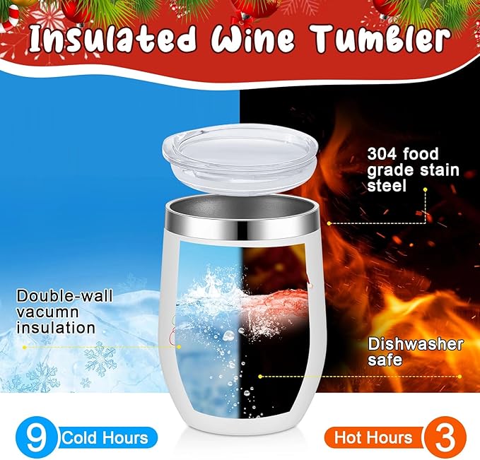 Sliner 16 Pcs Christmas Funny Wine Tumbler Spoon Set 12 Oz Stainless Steel Tumbler with Straw Brush Double Wall Insulated Travel Coffee Mug for Christmas Xmas Party Decorations Holiday Gift