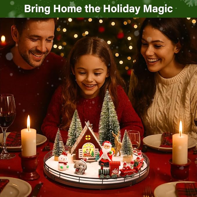 AMH 12 PCS Christmas Table Decorations Set with Oak Rotating Base – Xmas Town Village Centerpiece with Santa, Train, House, Trees & Figurines, Tabletop Decorations for Holiday Dining & Coffee Tables