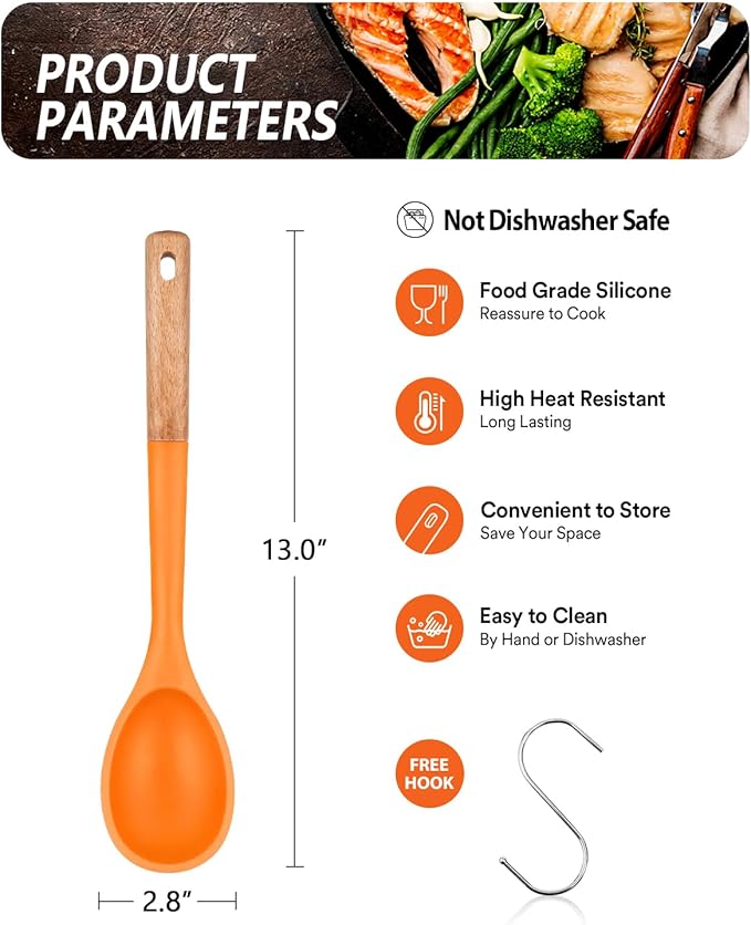 Large Silicone Cooking Spoons, Nonstick Solid Wooden Handle Spoon, Heat Resistan Silicone Kitchen Spoons for Cooking, Serving, Basting, Mixing, 13.2inch (ORANGE)
