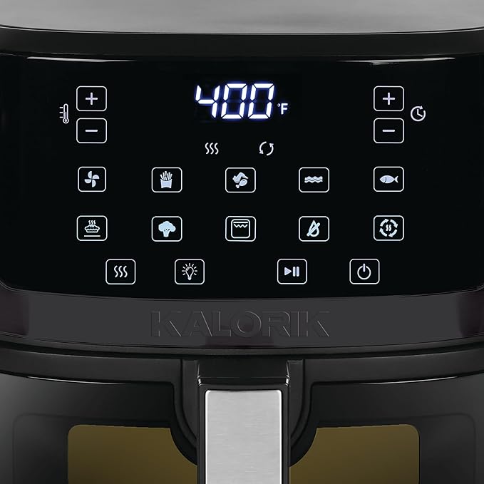 Kalorik Air Fryer 7 Quart Capacity with Touchscreen Controls 10 Cooking Presets in 12 Food Categories with Large Illuminated View Window and Nonstick Basket & Trivet, 1500-Watts, Black