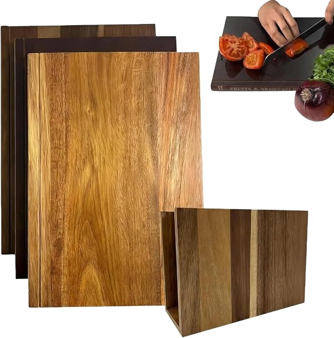 Wood Cutting Board Book Set with Stand for Kitchen, Book Style Wooden Cutting Board, 3-Piece Acacia Wood Chopping Boards Gift Set That Looks Like Books for Meal Prep, Cheese, Bread & Meat
