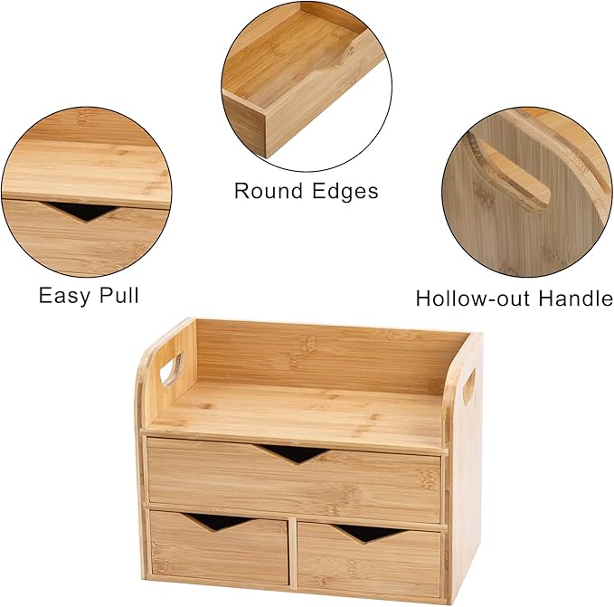 Hacaroa 3 Tier Bamboo Desktop Organizer with 3 Drawers, Tabletop Craft Box Cosmetic Storage Drawer with Handle, Portable Desk Letter Mail Sorter for Office Supply, Toiletries
