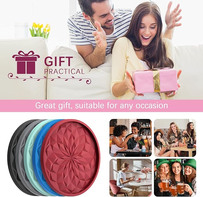 ME.FAN Silicone Coasters with Holder,[6 Pack] Drinking Coasters - Cup Mat for Hot or Cold Drinks, Thickened, Non-Slip, Non-stick,Deep Tray Light Purple