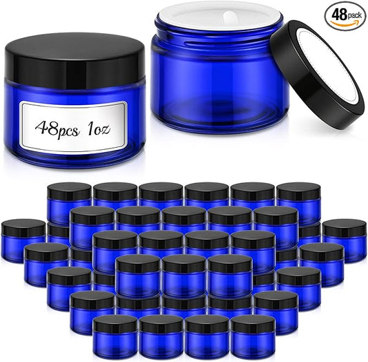 Bumobum 1 oz Blue Glass Jars with Lids, 48 pack Clear Small Jars with Black Lids, White Labels & Inner Liners, Empty Round Cosmetic Containers for Cream, Lotion