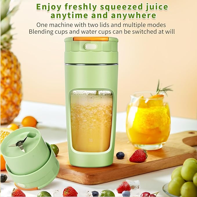 Slim Portable Blender Cup, 20oz (600ml) Personal Travel Juicer with Leakproof Lid, USB-C Rechargeable Licuadora Portatil for Smoothies and Shakes, Auto-Cleaning(green)