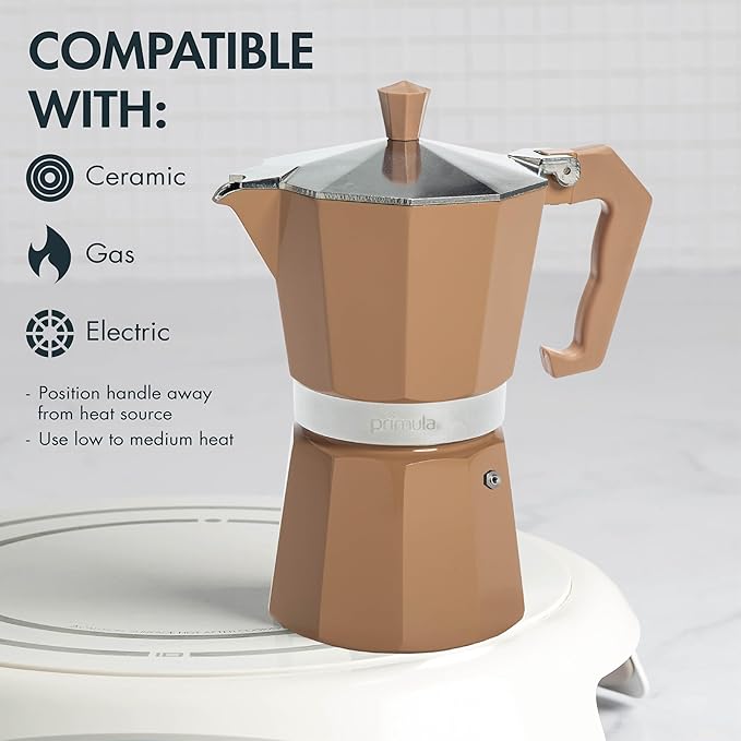 Primula Classic Stovetop Espresso and Coffee Maker, Moka Pot for Italian and Cuban Café Brewing, Greca Coffee Maker, Cafeteras, 6 Espresso Cups, Caramel