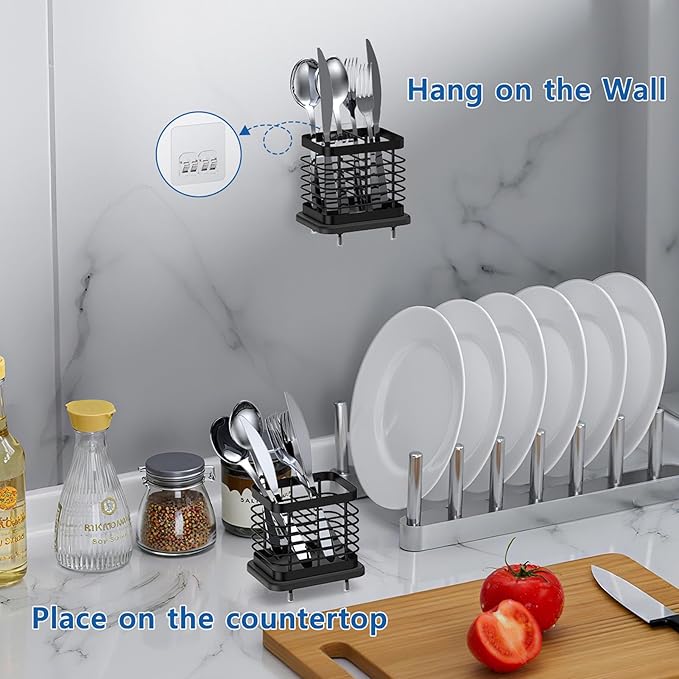 Utensil Holder for Kitchen Counter, Small Stainless Steel Cutlery Holder Organizer with Drying Diatomaceous Earth Base, 2 Slots Utensil Drying Rack Spoon Fork Organizer Crock Storage, Black
