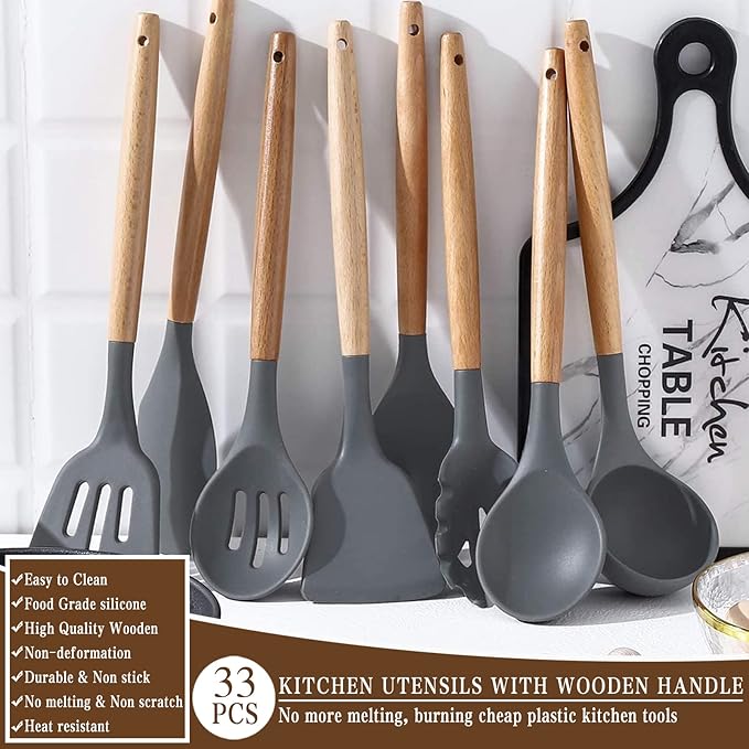 Umite Chef Kitchen Cooking Utensils Set, 33 pcs Non-stick Silicone Spatula Set with Holder, Woodle Handle Heat Resistant Gadgets Utensil (Gray)