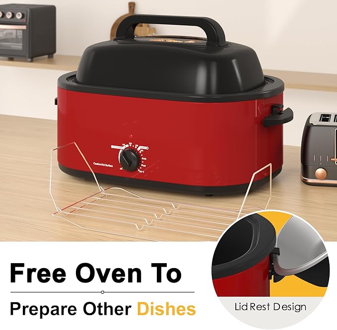 26 Quart Electric Roaster Oven with Visible & Self-Basting Lid, Large Turkey Roaster with Defrost Warm Function, Adjustable Temperature, Removable Pan Rack, Stainless Steel, Red