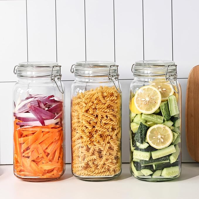 Liuruiyu 78oz Glass Food Storage Jars with Airtight Clamp Lids, 3 Pack Wide Mouth Large Kitchen Canisters for Flour, Cereal, Beans, Pasta and Canning, Square Mason Jar with Labels