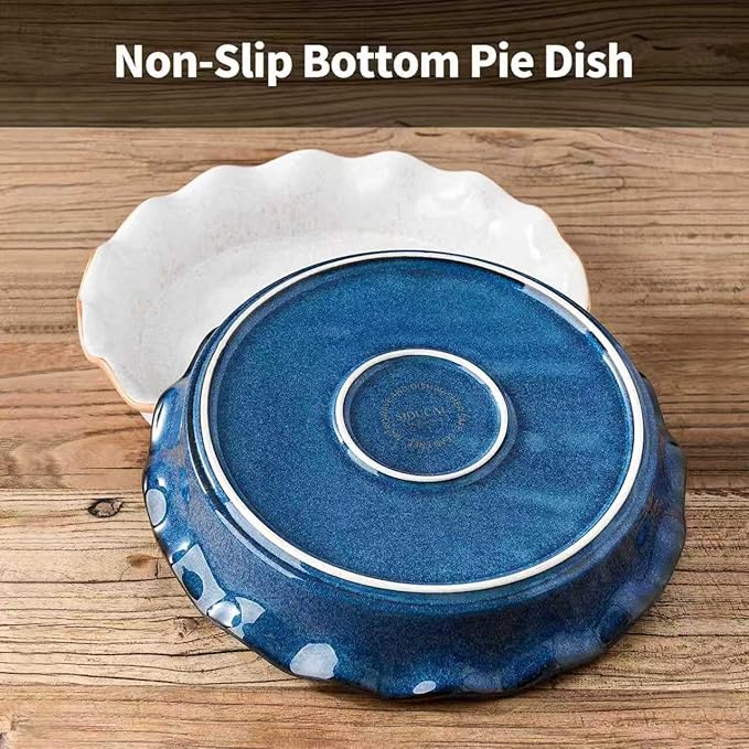 SIDUCAL Ceramic Pie Pan for Baking,Reusable NonStick Ceramic Pie Plate with Ruffled Edge,Deep and Fluted Pie Dish for Apple Pie,Quiche,Pot Pies, Tart, etc (Active Blue, 10.5 INCHES)