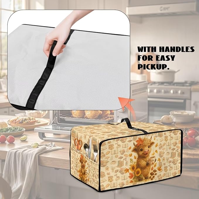 Toaster Oven Dust Cover Dustproof Convection Microwave Ovens Cover Stain-resistant Small Countertop Appliance Protector, L, Highland Cow Coffee Sunflower Fall Decor