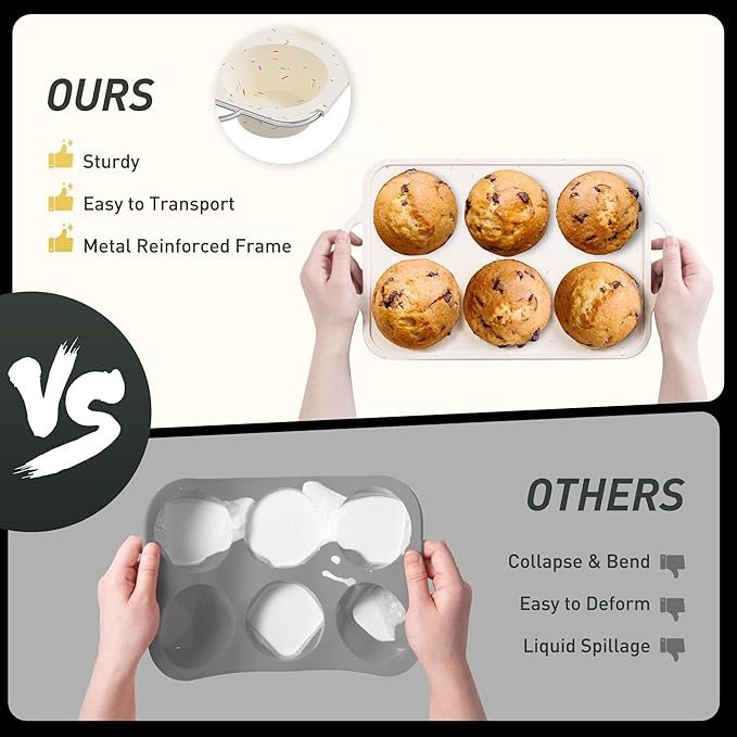 Socisen 2 Packs 6 Cups Silicone Muffin Pan with Metal Reinforced Frame Jumbo Size Cupcake Pan Tray Egg Bites Silicone Circle Cookie Molds Muffin Tin Tart Pans Large Big Baking Sheet Set for Breakfast