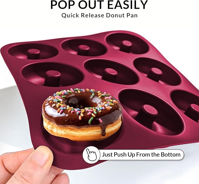 Large Silicone Donut Pan for Baking, 9 Cavity Non-Stick Food Grade Silicone Donut Molds, Doughnut Pan and Bagel Pans for Baking & Kitchen, BPA Free 11.2 x 11.1 Inches, Dishwasher Safe - Claret Red